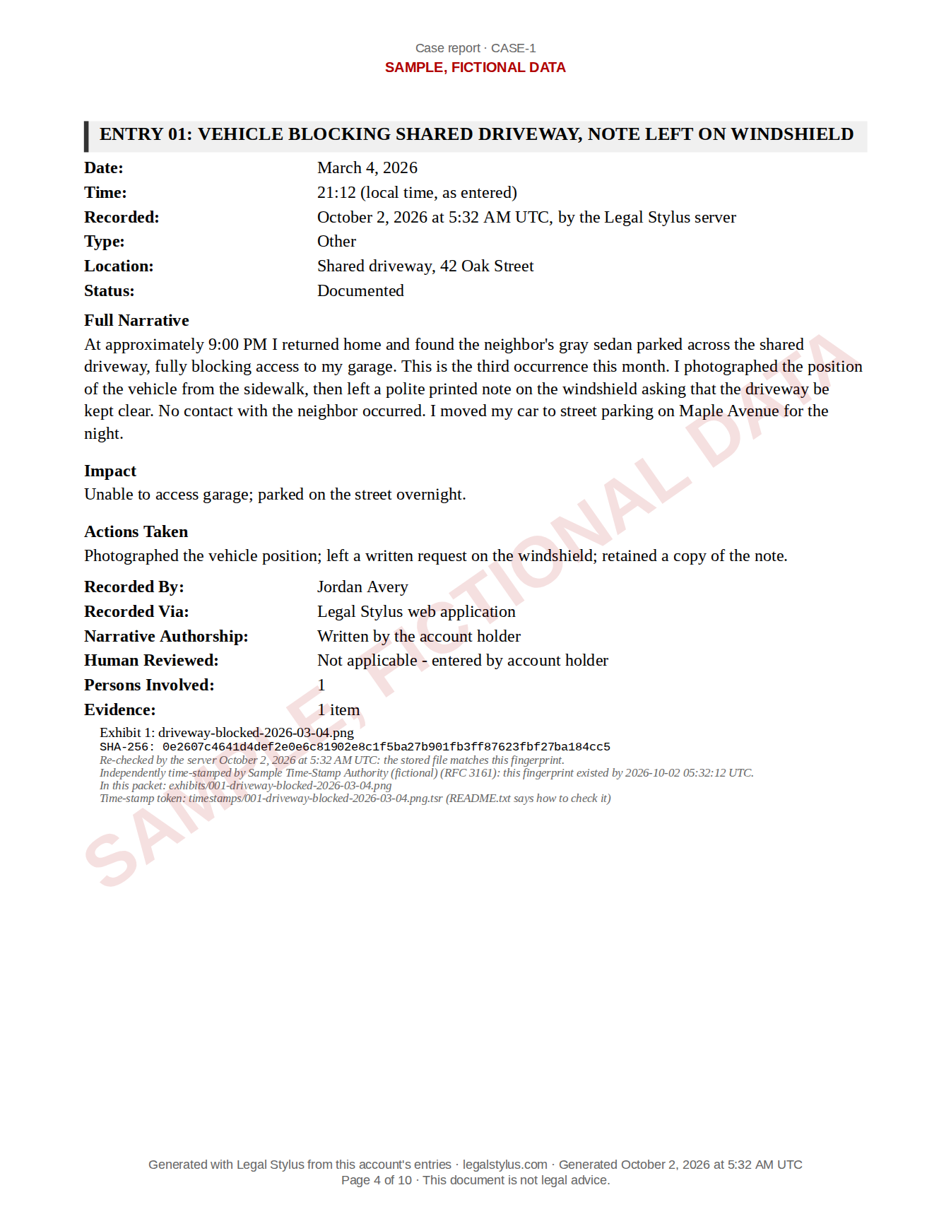An entry, from a sample Legal Stylus packet. The data is fictional.