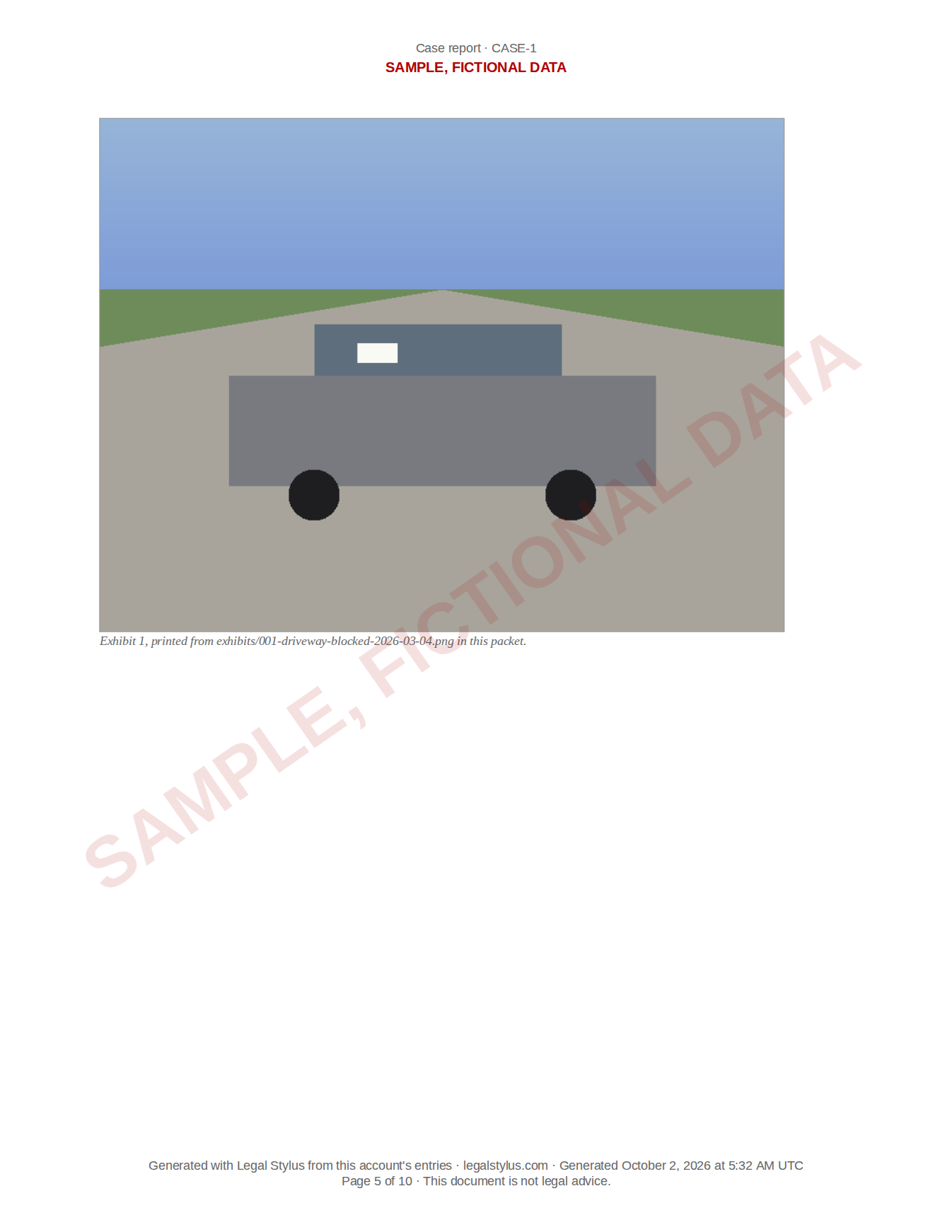 Its photo, printed, from a sample Legal Stylus packet. The data is fictional.